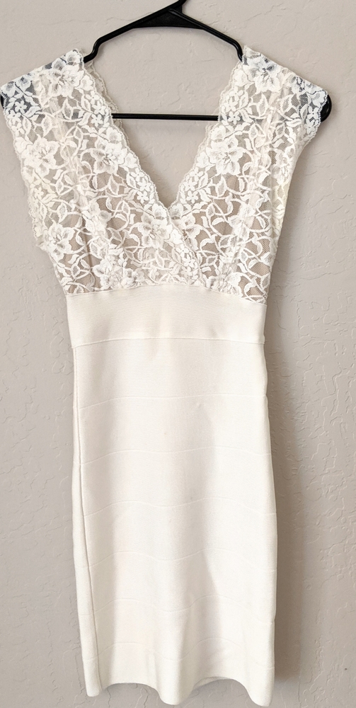BEBE white/cream lace bandage dress